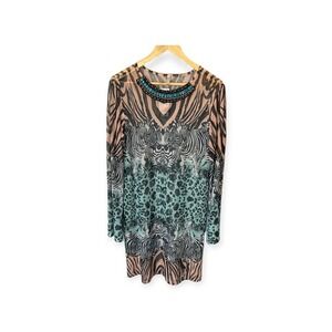 Amiani Colorful Safari Print Tunic Dress‎ Women's Size Large, Sheer